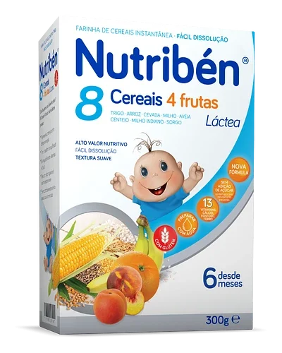 Nutriben Pure 8 Cereais 4 Fruts Lactea 300g (+6) 8 Drithëra & 4 Fruta
